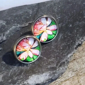 Lotus Flower Zen Garden Pink Green Antiqued Brass Stud Handcrafted Earrings